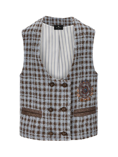 Etro Houndstooth Embroidered Gilet In Azul
