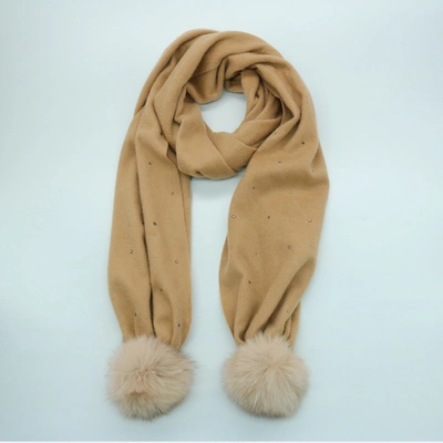 Portolano Cashmere Scarf With Fox Fur Poms And Crystals In Gold