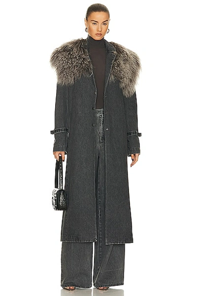 Lapointe Washed Denim Belted Long Trench Coat With Mongolian Sheep Shearling Trim In Steel