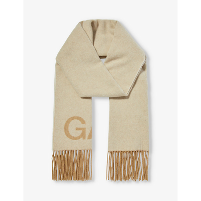 Ganni Womens Egret Logo-print Recycled Wool-blend Scarf