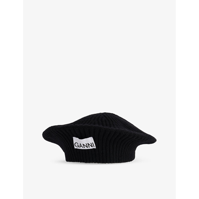 Ganni Women's Black Logo-patch Ribbed Wool, Recycled-wool And Recycled-polyamide Blend Beret