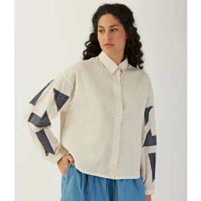 New Arrivals Lawn/voile And Denim Applique Shirt In Blue