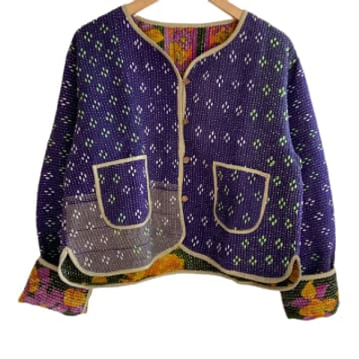 Behotribe  &  Nekewlam Jacket Reversable Vintage Kantha Cotton Violet Diamond In Purple