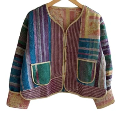 Behotribe  &  Nekewlam Jacket Reversable Vintage Kantha Cotton Violet Stripe In Purple