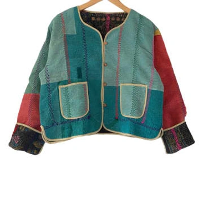 Behotribe  &  Nekewlam Jacket Reversable Vintage Kantha Cotton Blue Red Block