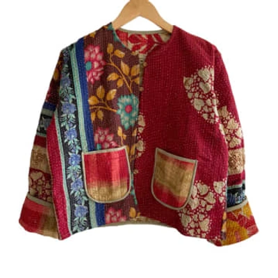 Behotribe  &  Nekewlam Jacket Reversable Vintage Kantha Cotton Winter Weight Red Patchwork