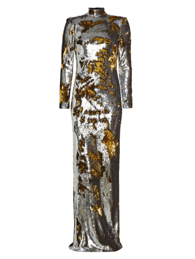Michael Costello Collection Women's Sunny Flip Sequin Backless Gown In Gold Silver Sequin