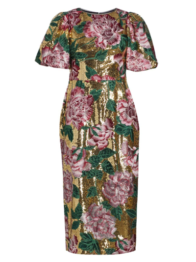 Marchesa Notte Women's Embroidered Floral Midi-dress In Gold