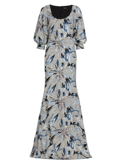 Badgley Mischka Blouson-sleeve Floral Sequin Gown In Blue