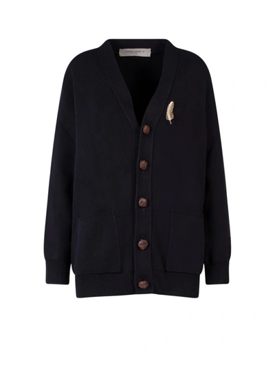 Golden Goose Cotton Cardigan With Brooch Detail In Blue