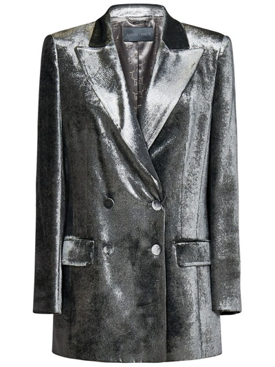 Alberta Ferretti Velvet Double-breasted Blazer Jacket In Silver
