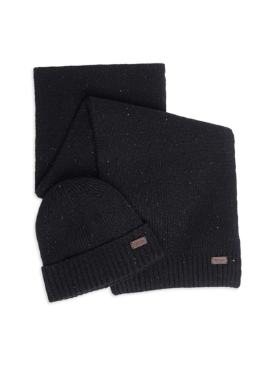 Barbour Carlton Fleck Beanie &amp; Scarf Mens Gift Set In Black