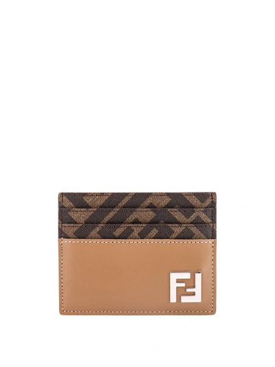 Fendi Ff Fabric And Leather Card Holder In Brown
