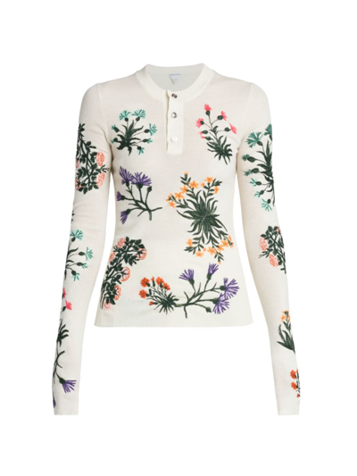 Bottega Veneta Women's Floral Wool-blend Henley Top In White