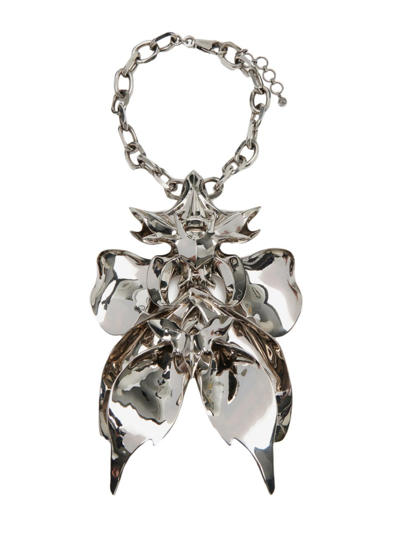 Alexander Mcqueen Oversized Orchid Necklace In Antique Silver