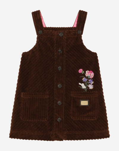 Dolce & Gabbana Kids' Sleeveless Corduroy Dress With Embroidery In Brown
