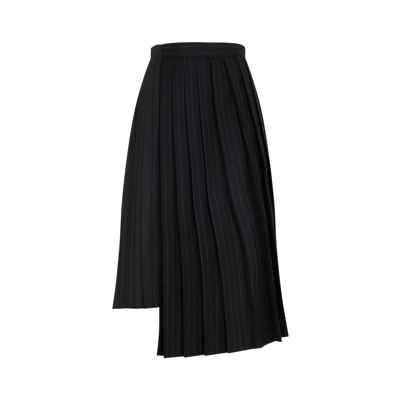 Sacai Striped Pleated Asymmetric Midi Skirt In Black
