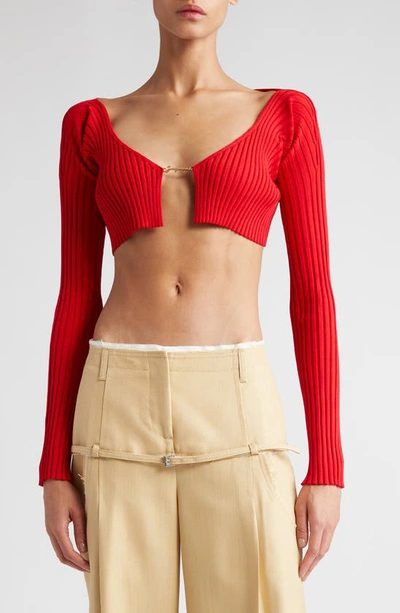 Jacquemus La Maille Pral Rib Crop Cardigan In Red