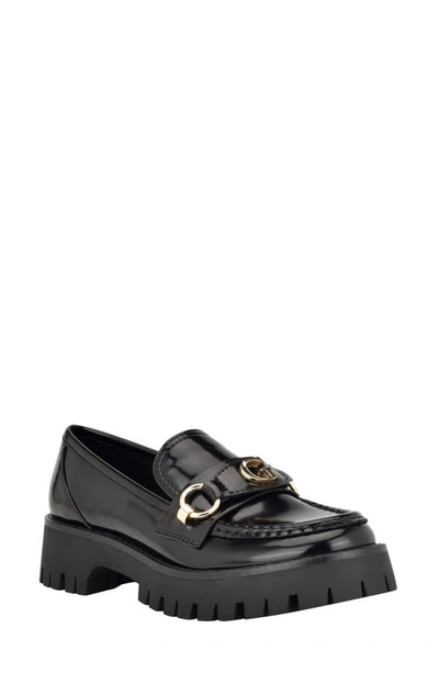 Guess Women's Almost Slip-on Lug Sole Round Toe Bit Loafer In Black Lux - Faux Leather
