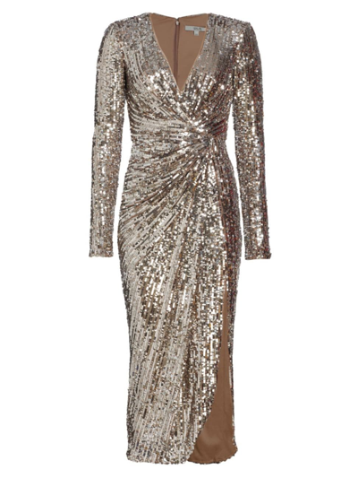 Badgley Mischka Side-slit Sequin Midi Sheath Dress In Silver Gold