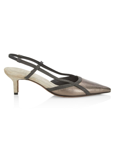 Brunello Cucinelli City Embellished Leather Pumps In Gray