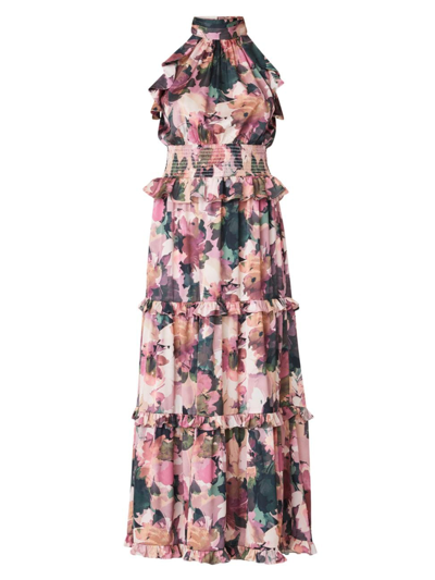 Shoshanna Tiered Ruffle-trim Floral-print Halter Gown In Petal Multi