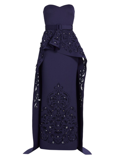 Badgley Mischka Strapless Peplum Gown With Laser-cut Details In Marine