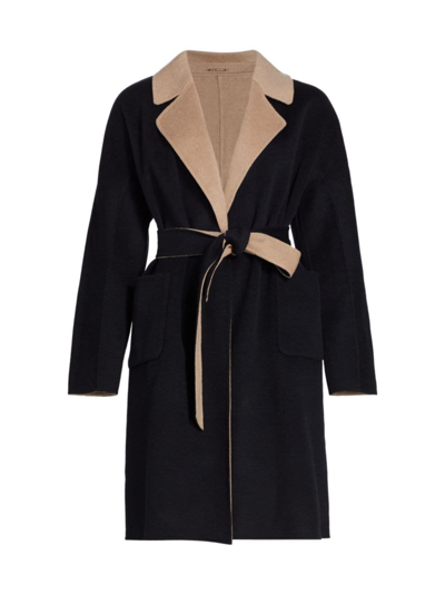 Elie Tahari Women's Marina Reversible Colorblocked Wool-blend Wrap Coat In Noir Fossil Combo