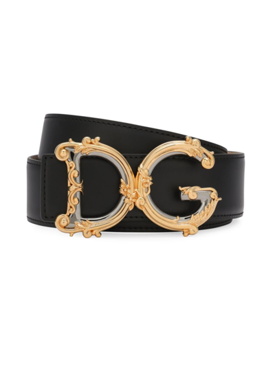 Dolce & Gabbana Leather Belt With Baroque Dg Logo In Black