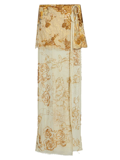 Dries Van Noten Silene Beaded Lace-overlay Maxi Wrap Skirt In Gold
