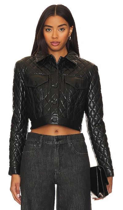 Alice And Olivia Chloe Vegan Leather Quilted Boxy Crop Jacket In Black