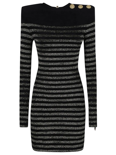 Balmain Metallic Stripe Button-shoulder Knit Mini Dress In Black/gold