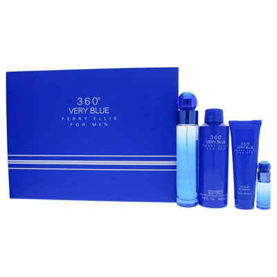 Perry Ellis 360 Very Blue For Men 4 Pc Gift Set 3.4oz Edt Spray, 7.5ml Edt Spray, 6.8oz Body Spray, 3oz Shower G