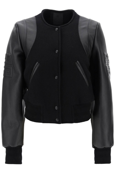 Givenchy Wool And Leather Cropped Bomber Jacket In Black