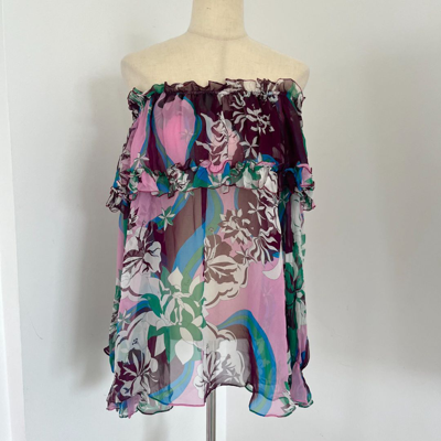 Pre-owned Emilio Pucci Sheer Printed Ruffle Off-shoulder Silk Long Sleeve Top