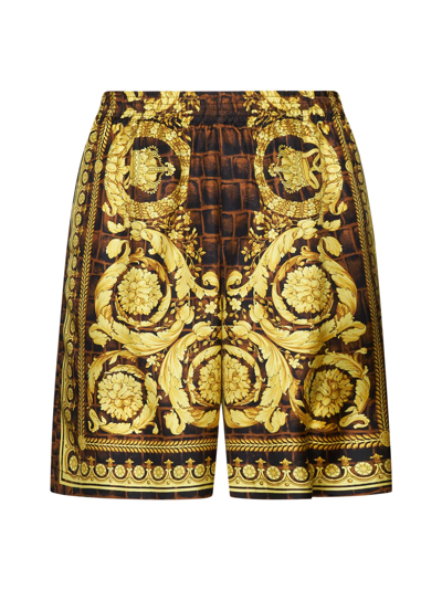 Versace Baroccodile Silk Shorts In 5x330_caramel_black_gold