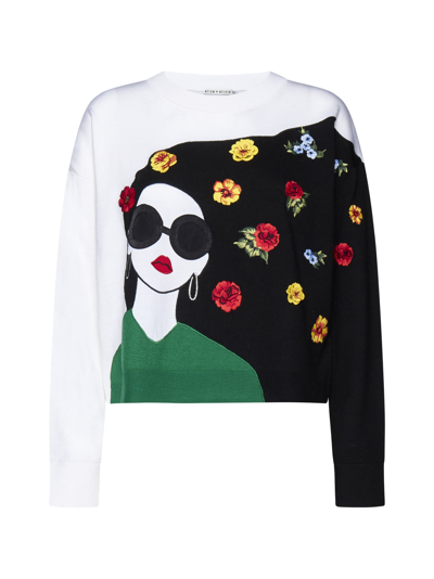 Alice And Olivia Gleeson Stace Face Embroidered Stretch-wool Jumper In White,multicolor