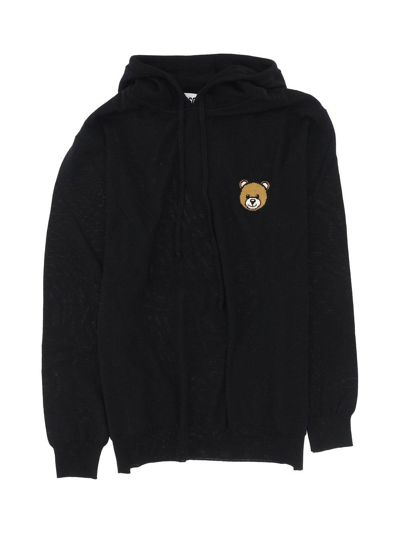 Moschino Teddy Bear Embroidered Drawstring Knitted Hoodie In Nero