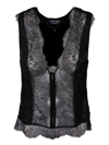 Tom Ford Lace Trim Satin Sheer V-neck Top In Black