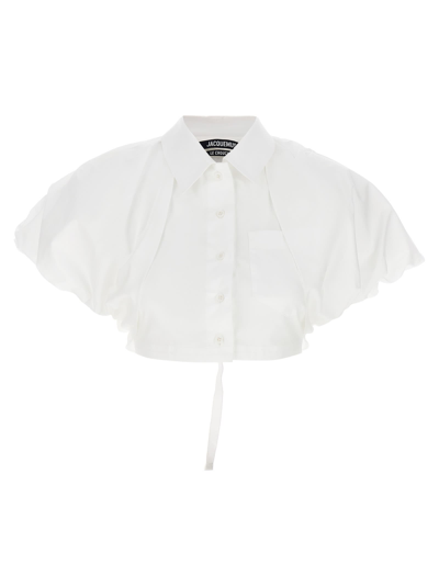 Jacquemus La Chemise Pavane Cropped Cotton-blend Shirt In White