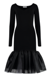 Nina Ricci Sweetheart Wool Tulle Hem Midi Dress In Black