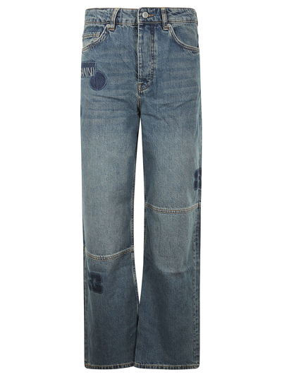 Ganni Patch Izey Straight-leg Jeans In Tint Wash