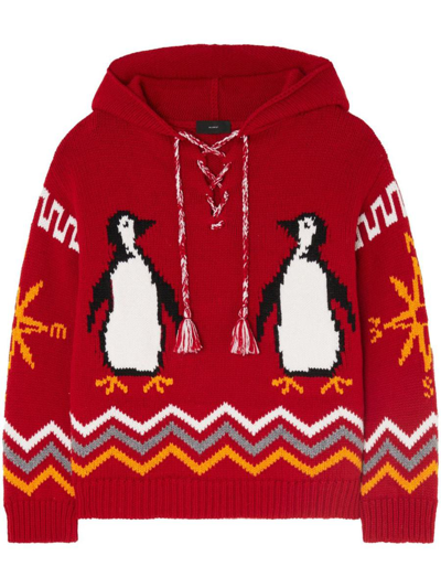 Alanui For The Love Of Pengui Knit Hoodie In Red