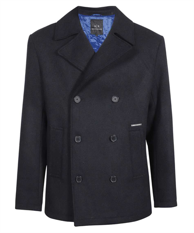 Armani Exchange Logo-plaque Double-breasted Coat In Blue