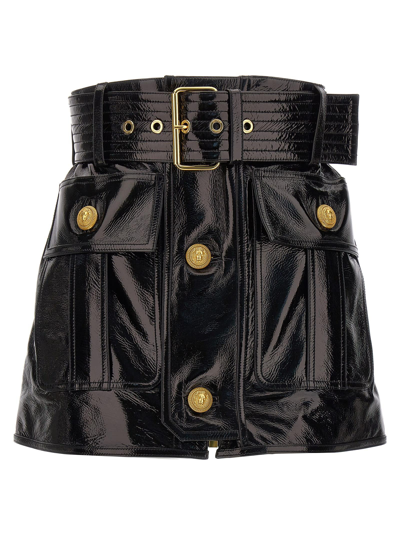 Balmain Belted Crinkled Patent-leather Mini Skirt In Black