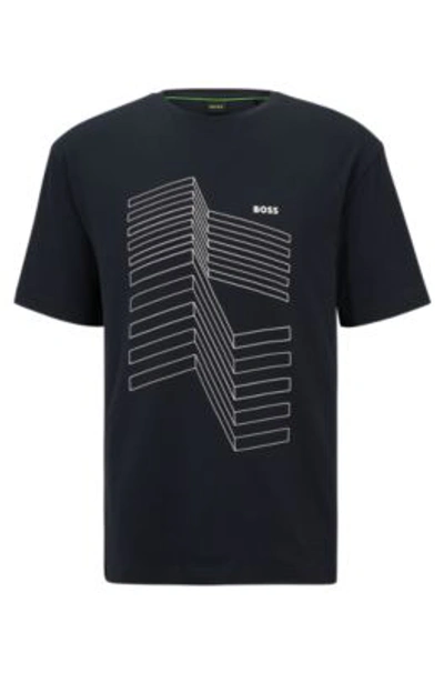 Hugo Boss Relaxed-fit T-shirt In Stretch Cotton With Logo Artwork In Dark Blue