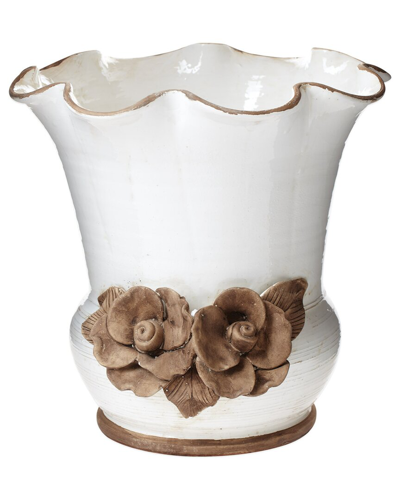 Vietri Rustic Garden White Scalloped Planter With Flowers