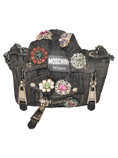 Moschino Embellished Biker Zip Shoulder Bag In 1555
