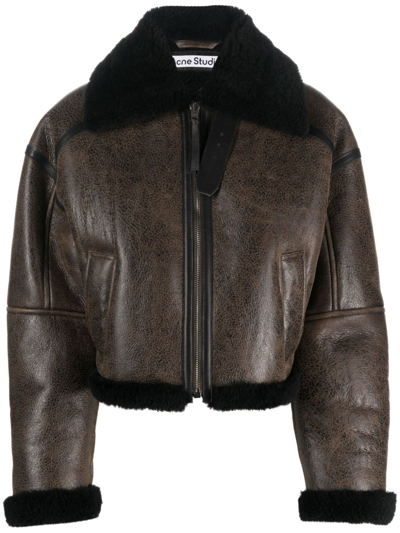 Acne Studios Shearling-collar Leather Jacket In Brown