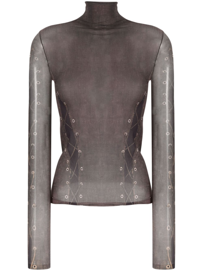 Acne Studios Denise High-neck Abstract-pattern Mesh Top In Dark Brown